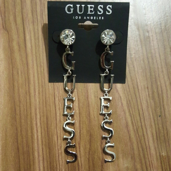 GUESS SILVER TONE LOGO EARRINGS - Picture 2 of 5